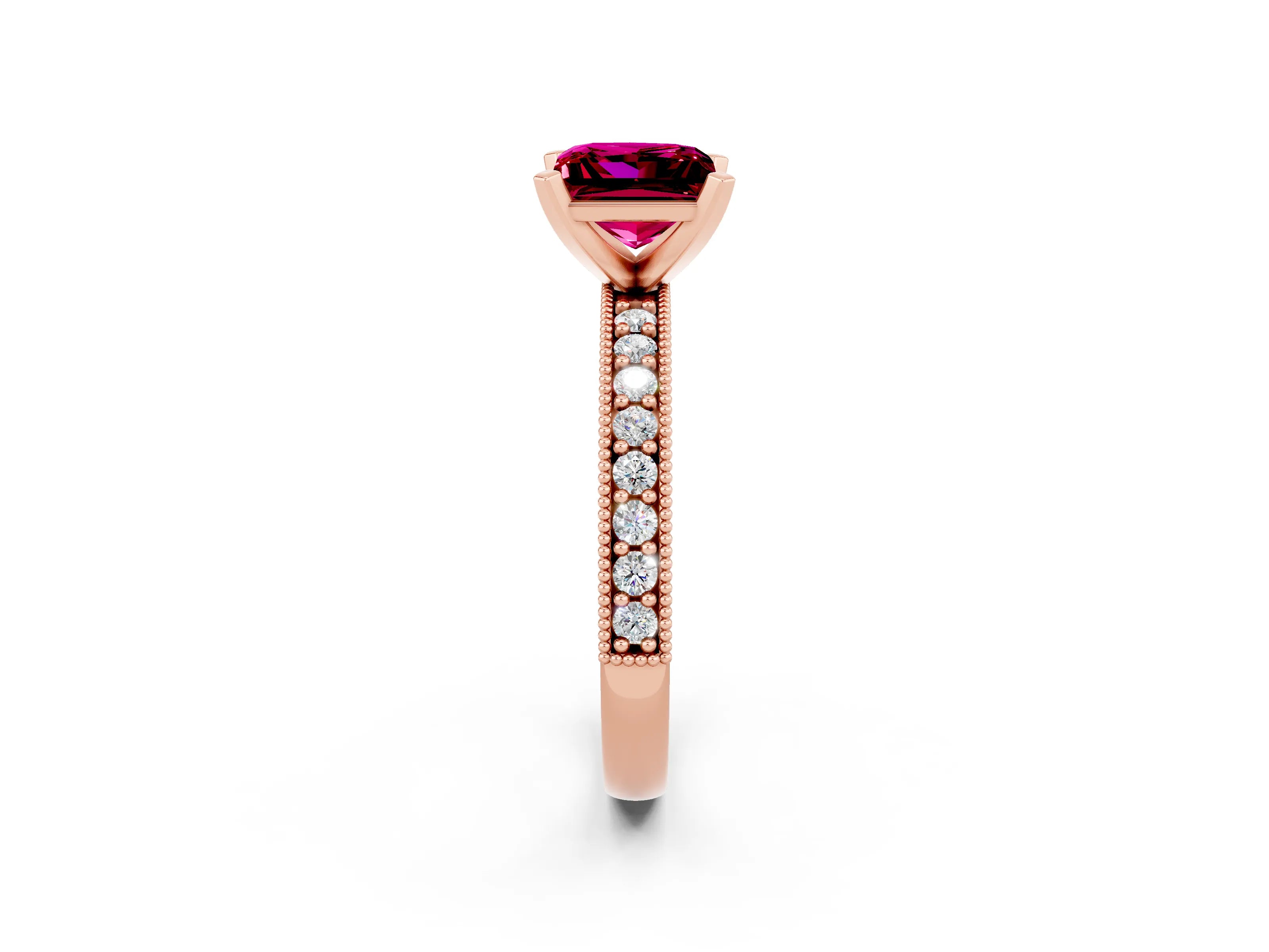 Rose gold Princess Cut Garnet Milgrain Pavé Engagement Ring with Four-Prong Setting_14