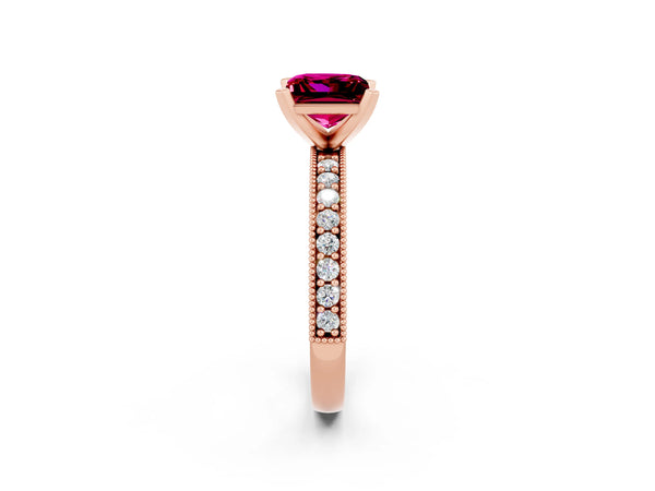 Rose gold Princess Cut Garnet Milgrain Pavé Engagement Ring with Four-Prong Setting