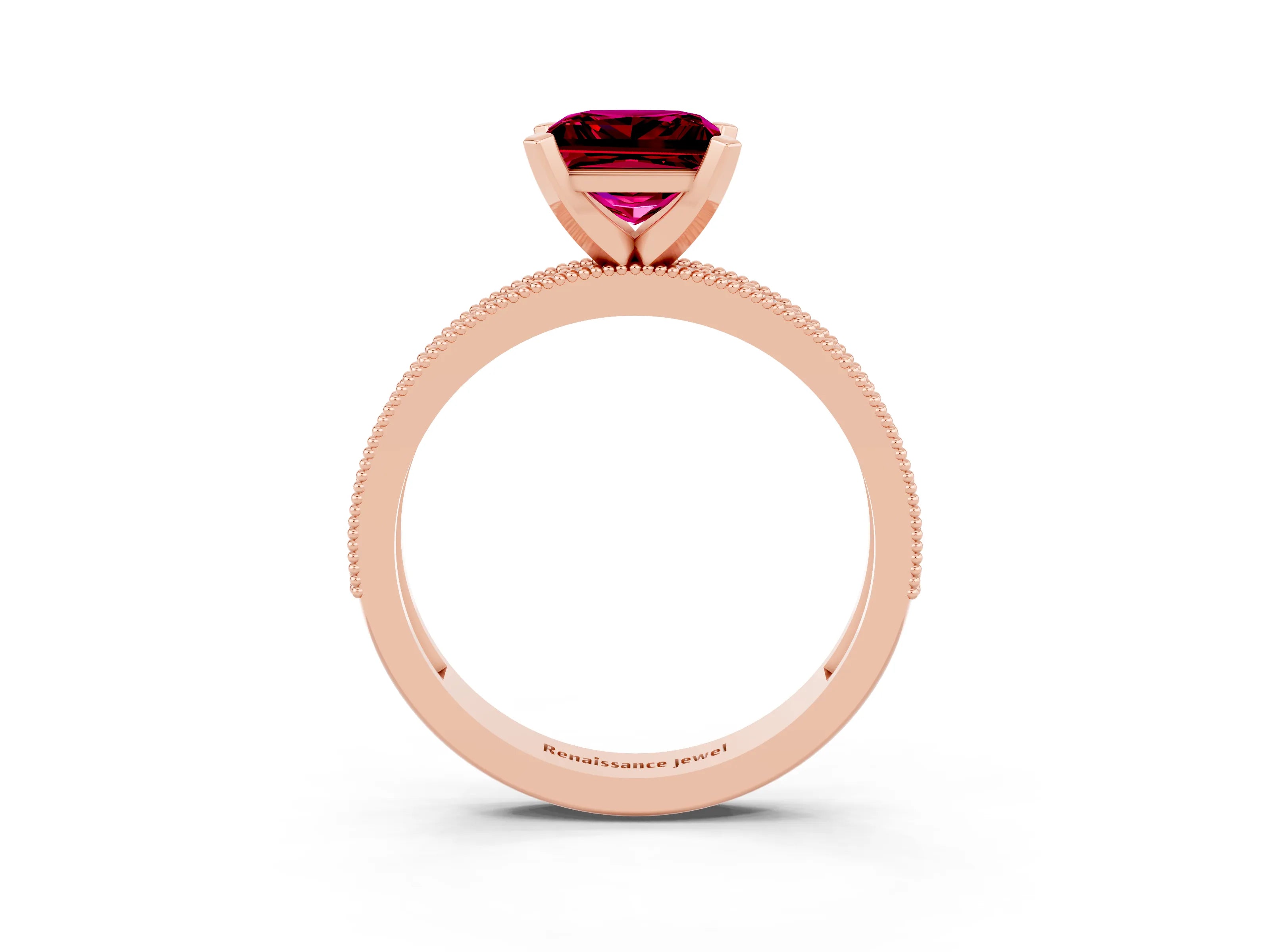 Rose gold Princess Cut Garnet Milgrain Pavé Engagement Ring with Four-Prong Setting_15