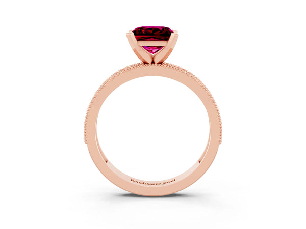 Rose gold Princess Cut Garnet Milgrain Pavé Engagement Ring with Four-Prong Setting