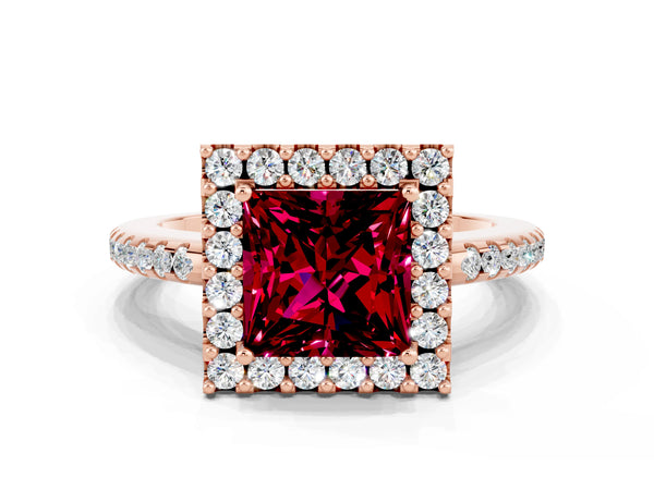 Rose gold Princess Cut Garnet Pavé Halo Ring with Four-Prong Setting