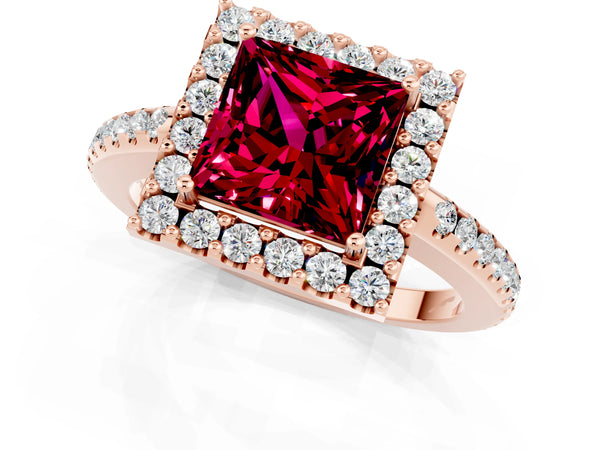 Rose gold Princess Cut Garnet Pavé Halo Ring with Four-Prong Setting