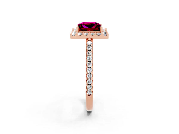 Rose gold Princess Cut Garnet Pavé Halo Ring with Four-Prong Setting