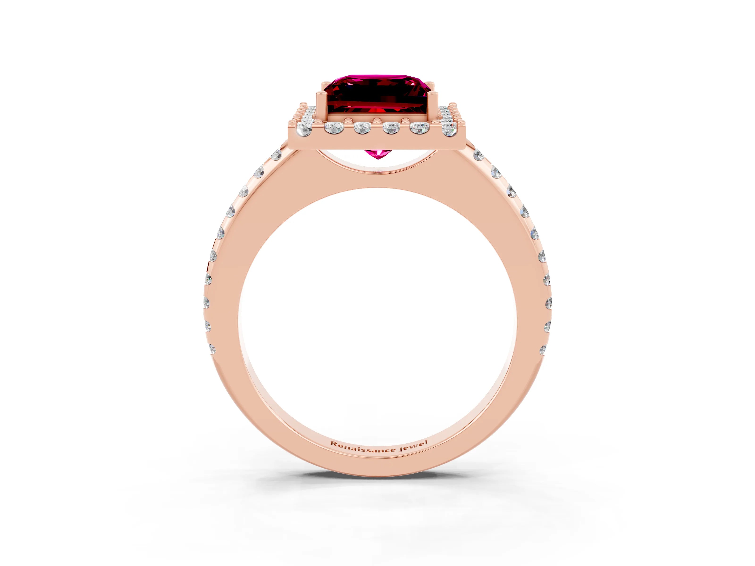 Rose gold Princess Cut Garnet Pavé Halo Ring with Four-Prong Setting_15
