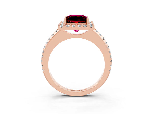 Rose gold Princess Cut Garnet Pavé Halo Ring with Four-Prong Setting