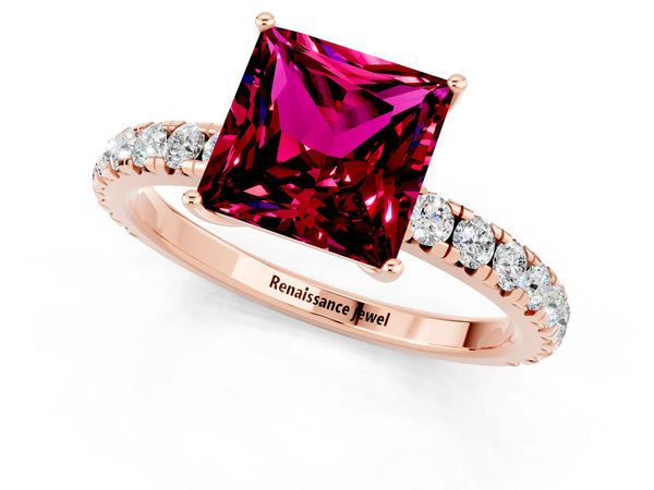 Rose gold Princess Cut Garnet Pavé Solitaire Engagement Ring with Four-Prong Setting