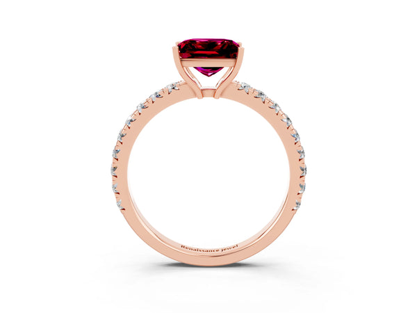 Rose gold Princess Cut Garnet Pavé Solitaire Engagement Ring with Four-Prong Setting