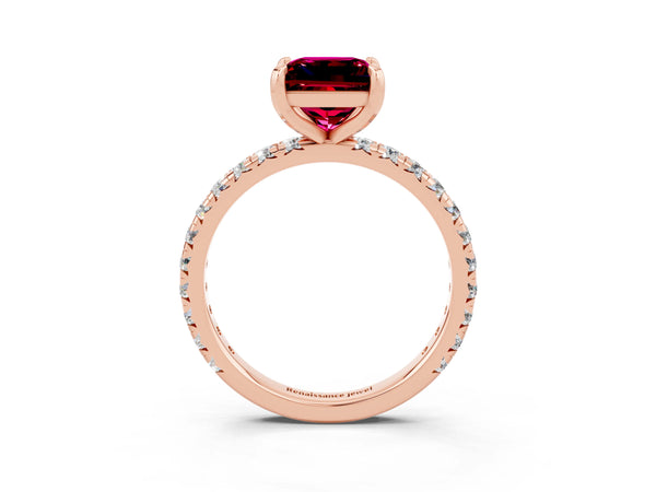 Rose gold Princess Cut Garnet Pavé Solitaire Ring with Round Band and Prong Setting