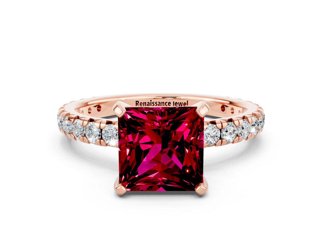 Rose gold Princess Cut Garnet Pavé Solitaire Ring with Round Band and Prong Setting_24