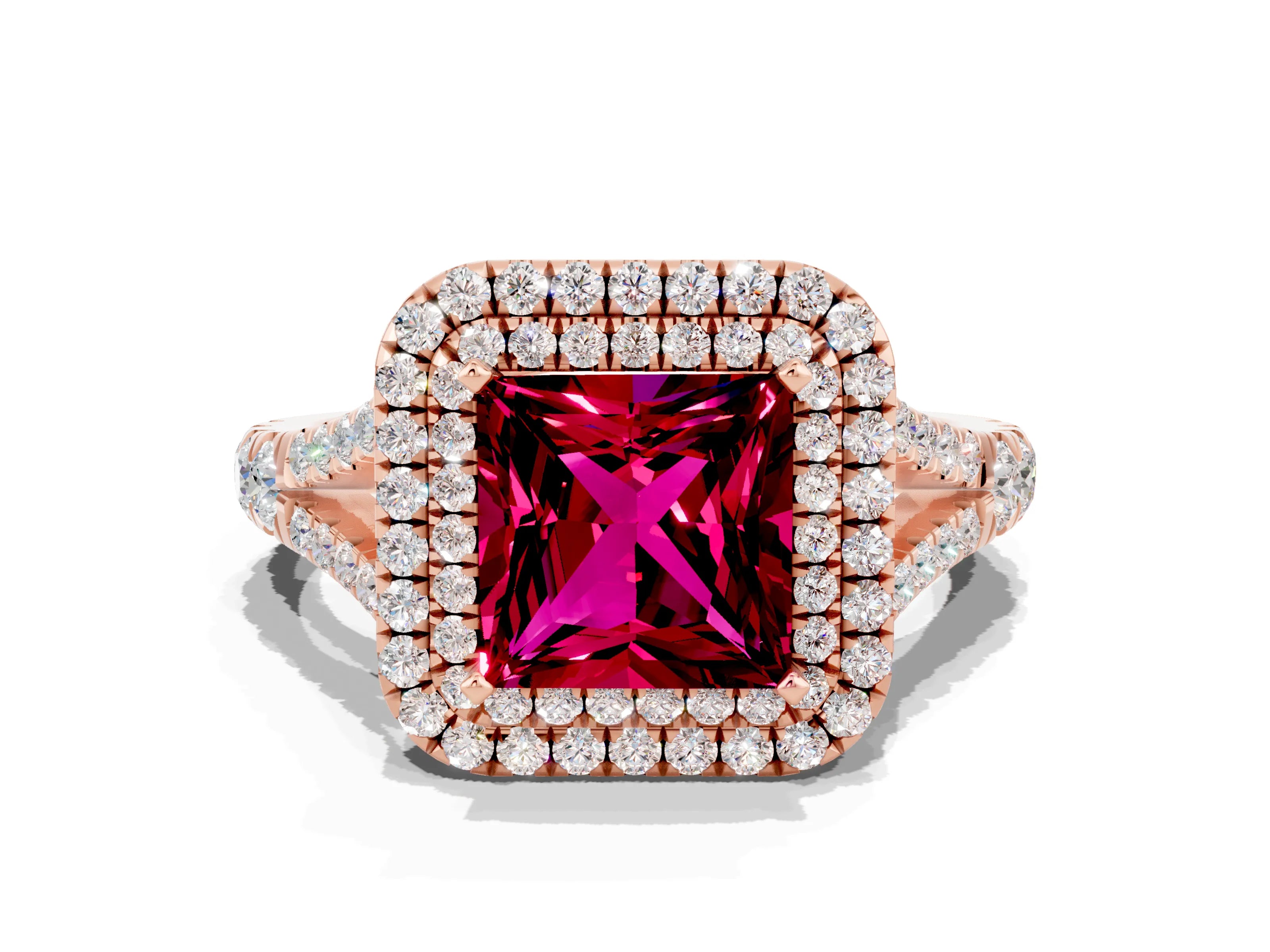 Rose gold Princess Cut Garnet Pavé Split Shank Double Halo Engagement Ring