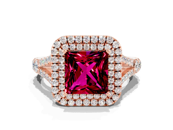 Rose gold Princess Cut Garnet Pavé Split Shank Double Halo Engagement Ring