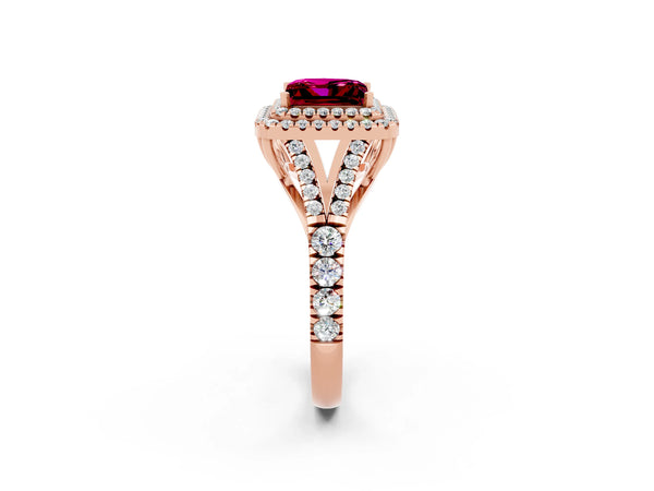 Rose gold Princess Cut Garnet Pavé Split Shank Double Halo Engagement Ring