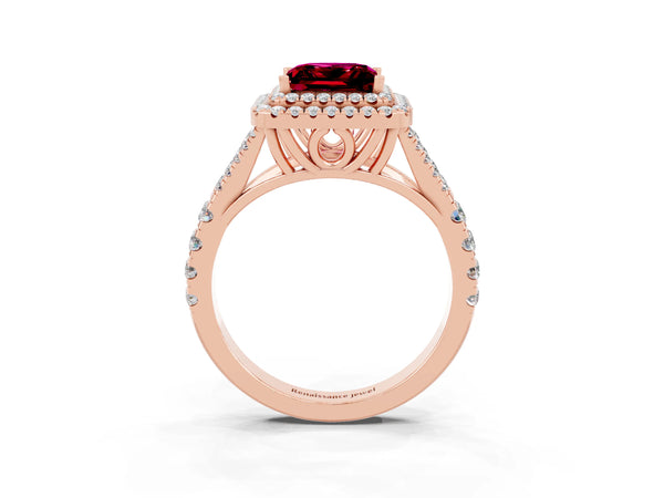Rose gold Princess Cut Garnet Pavé Split Shank Double Halo Engagement Ring
