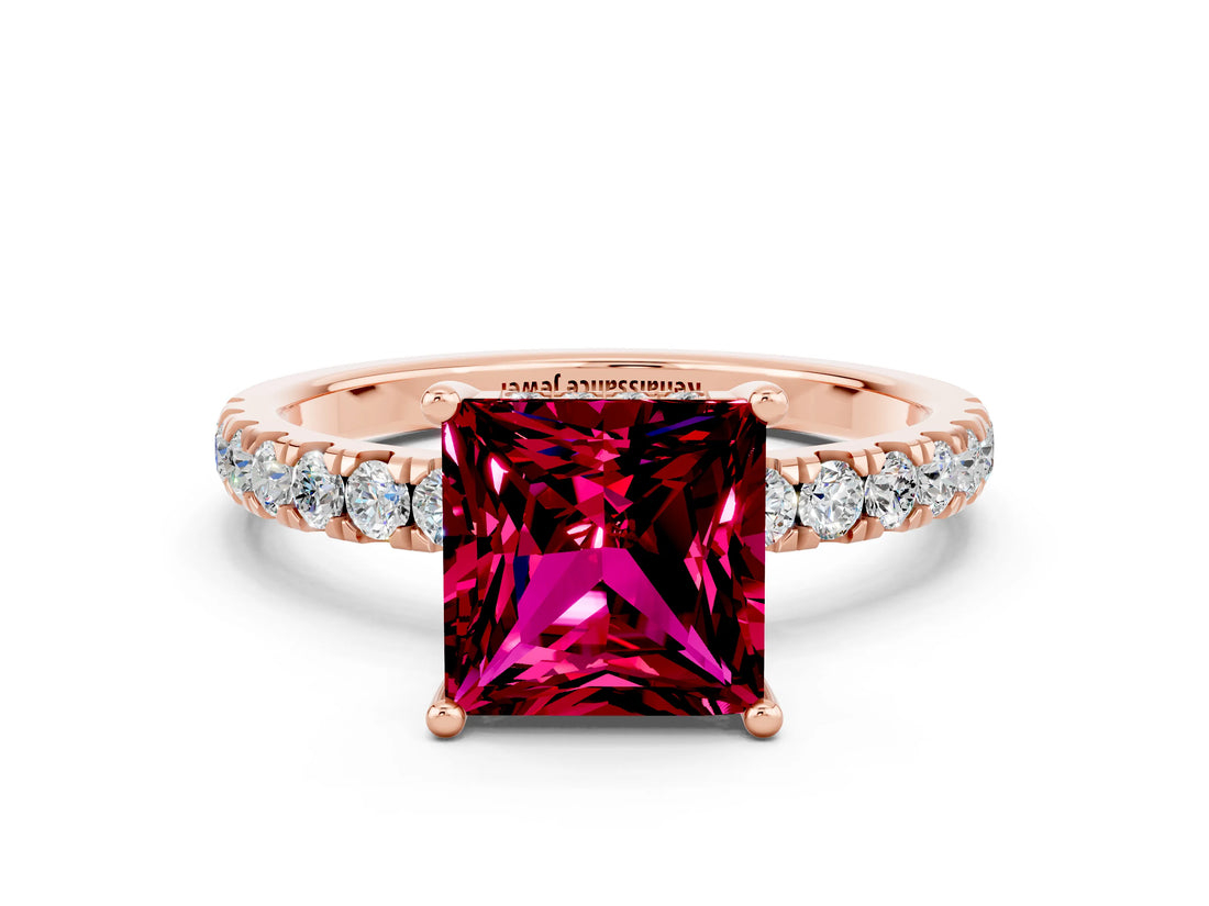 Rose gold Princess Cut Garnet Pave Band Solitaire Ring with Four-Prong Setting_24