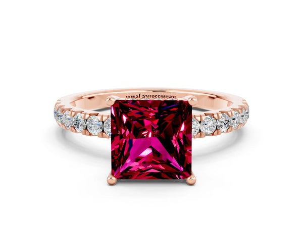 Rose gold Princess Cut Garnet Pave Band Solitaire Ring with Round  and Prong Setting
