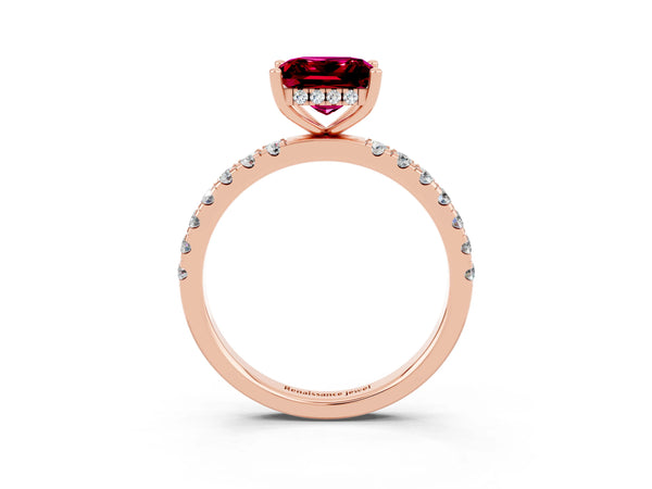 Rose gold Princess Cut Garnet Pave Band Solitaire Ring with Round  and Prong Setting