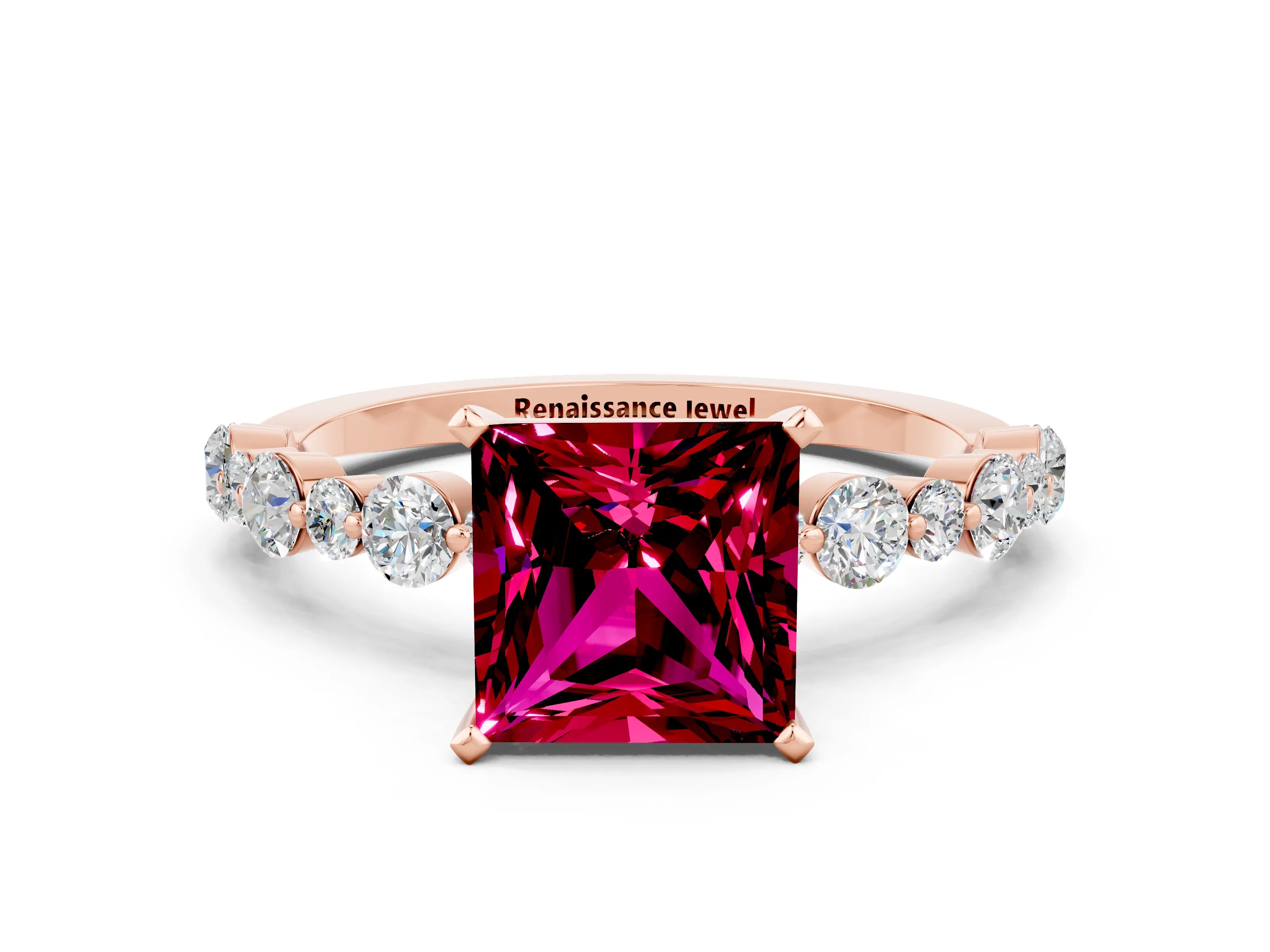 Rose gold Princess Cut Garnet Prong Set Engagement Ring with Pavé Band