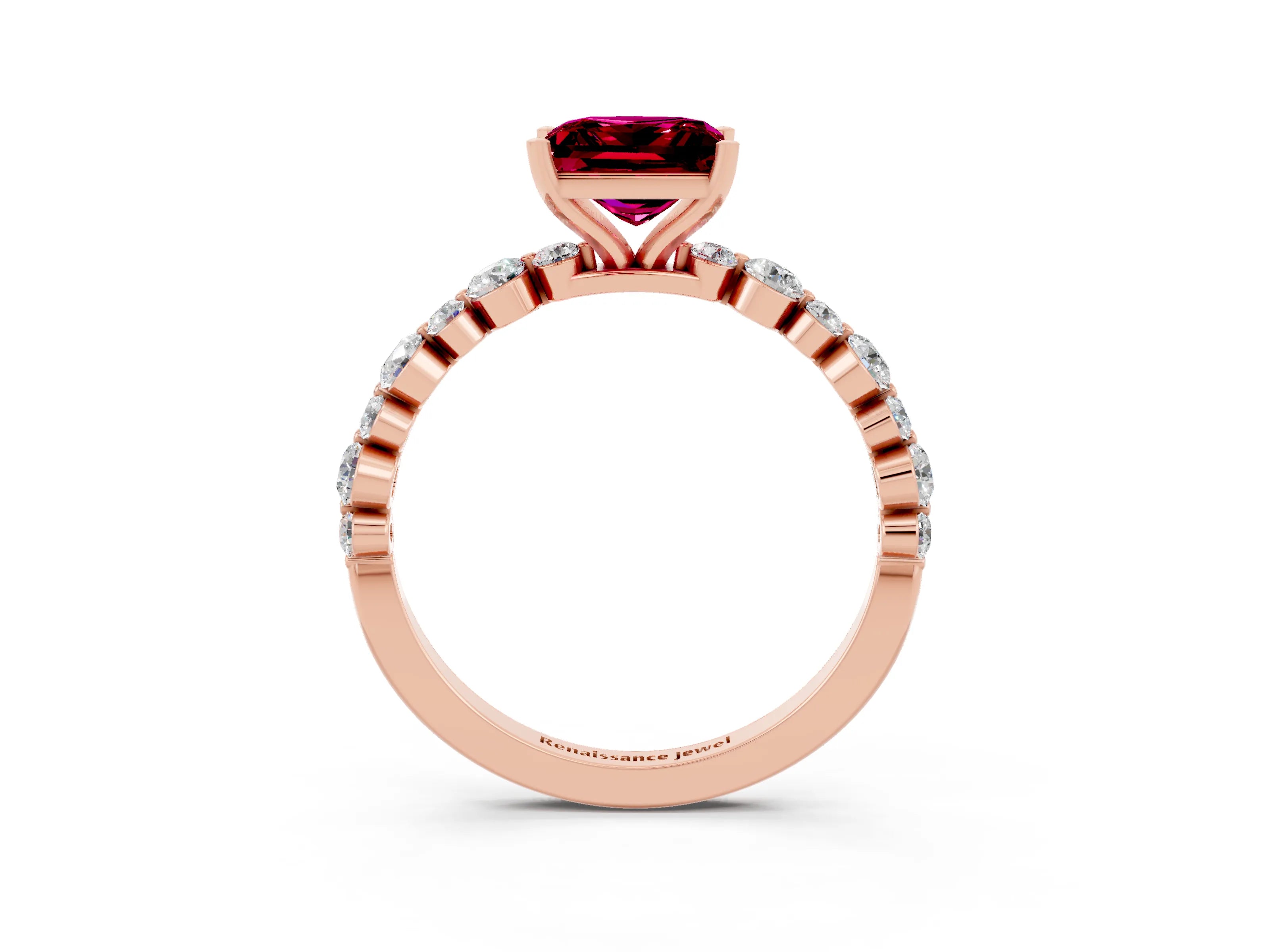 Rose gold Princess Cut Garnet Prong Set Engagement Ring with Pavé Band_3
