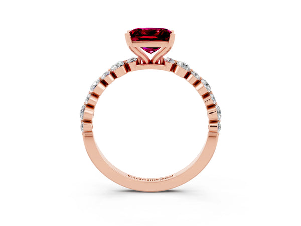Rose gold Princess Cut Garnet Prong Set Engagement Ring with Pavé Band