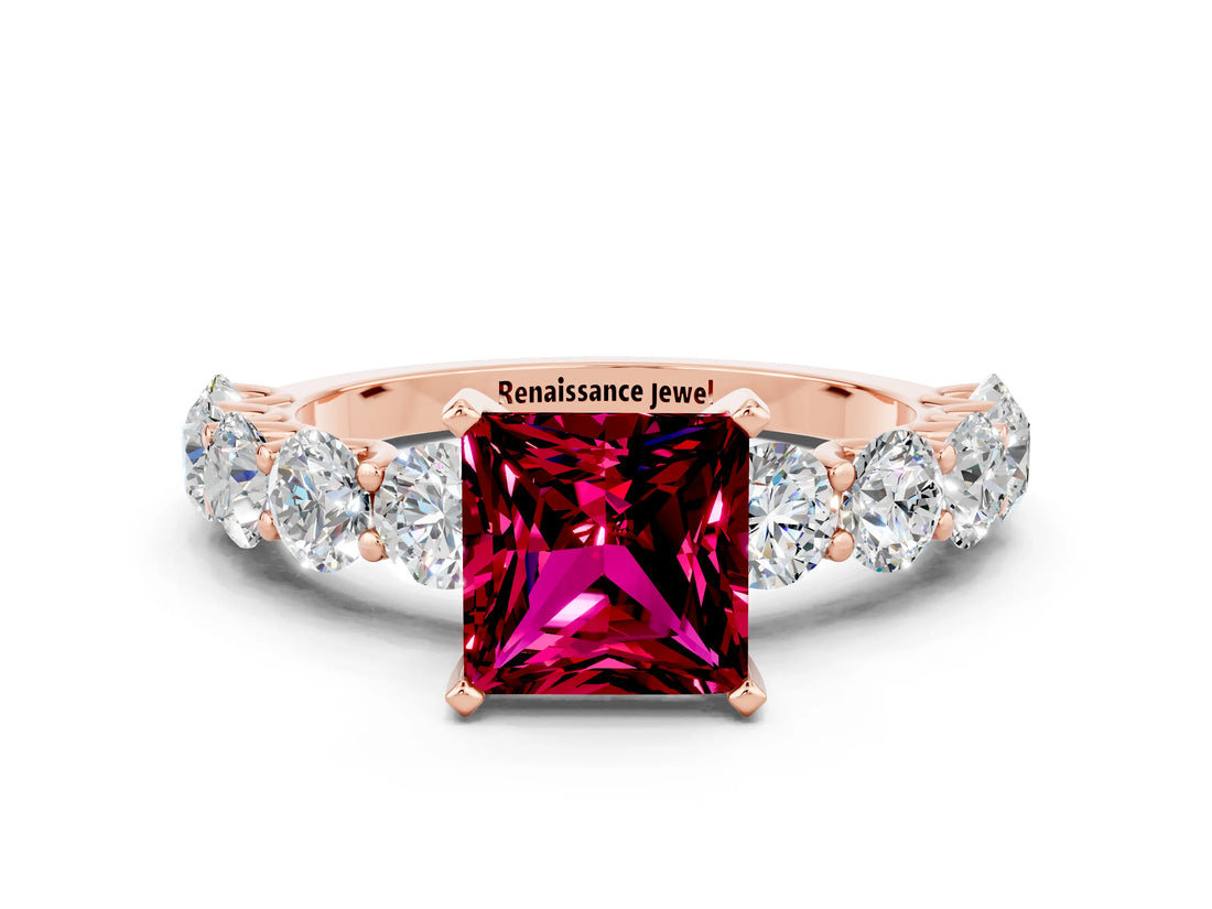 Rose gold Princess Cut Garnet Prong Setting with Side Stones on a Pave Band