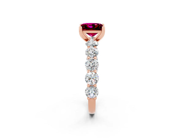 Rose gold Princess Cut Garnet Prong Setting with Side Stones on a Pave Band
