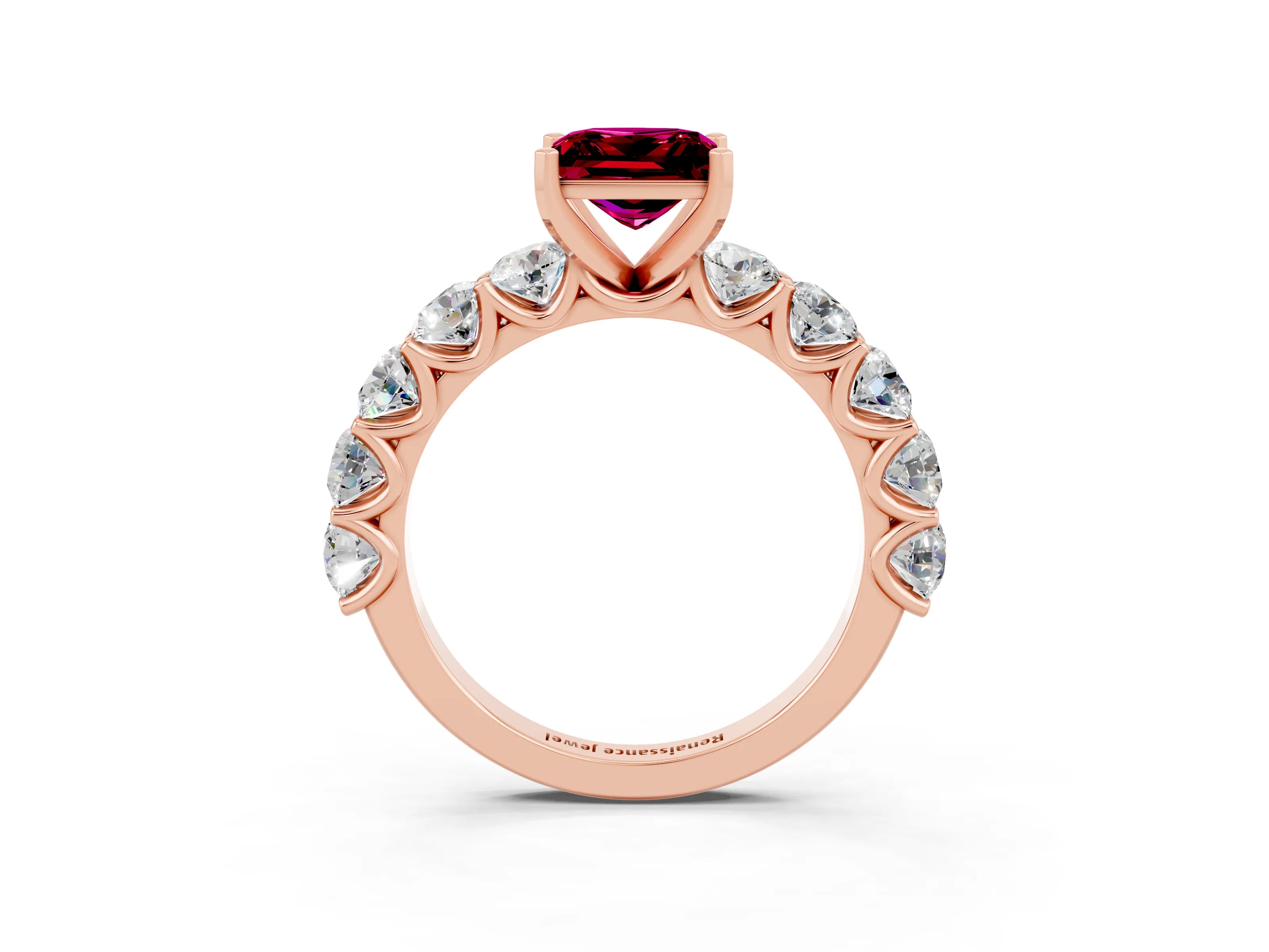 Rose gold Princess Cut Garnet Prong Setting with Side Stones on a Pave Band_3