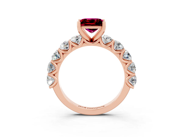 Rose gold Princess Cut Garnet Prong Setting with Side Stones on a Pave Band