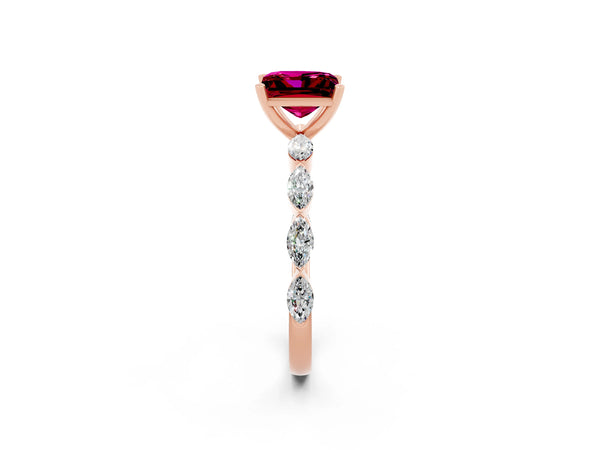 Rose gold Princess Cut Garnet Ring with Marquise Side Stones and Prong Setting