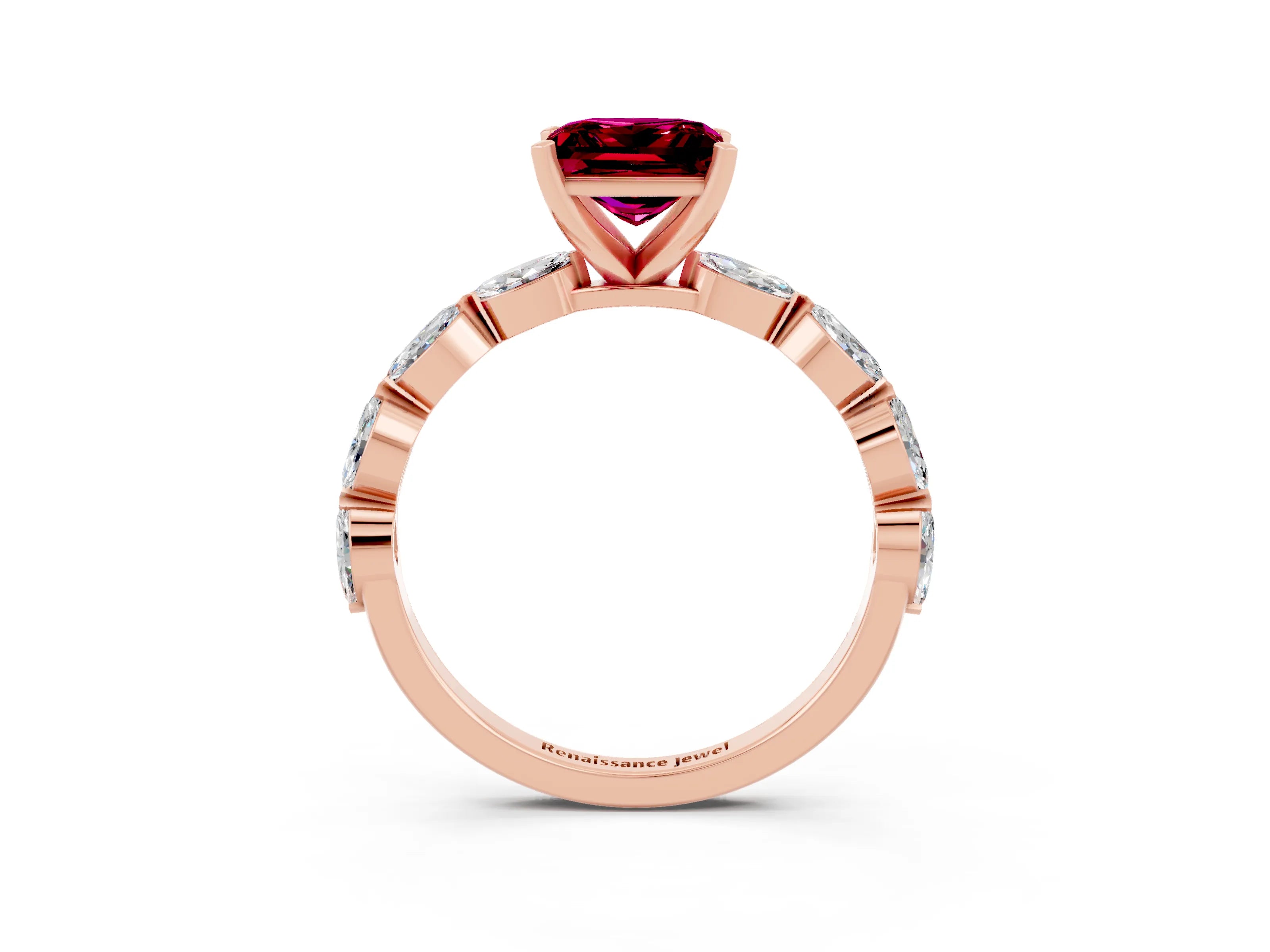 Rose gold Princess Cut Garnet Ring with Marquise Side Stones and Prong Setting_3