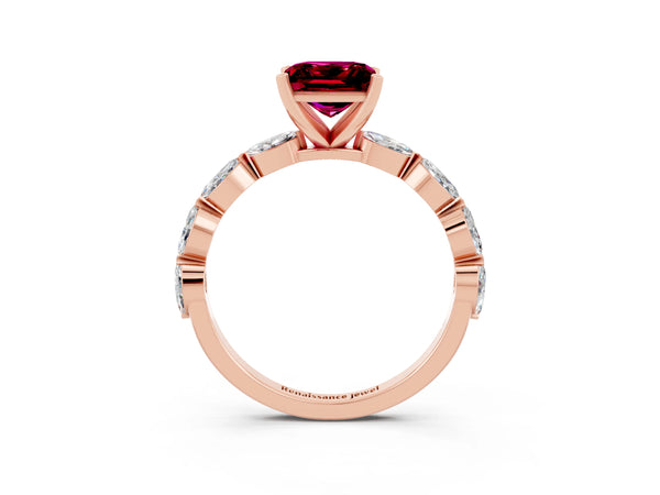 Rose gold Princess Cut Garnet Ring with Marquise Side Stones and Prong Setting