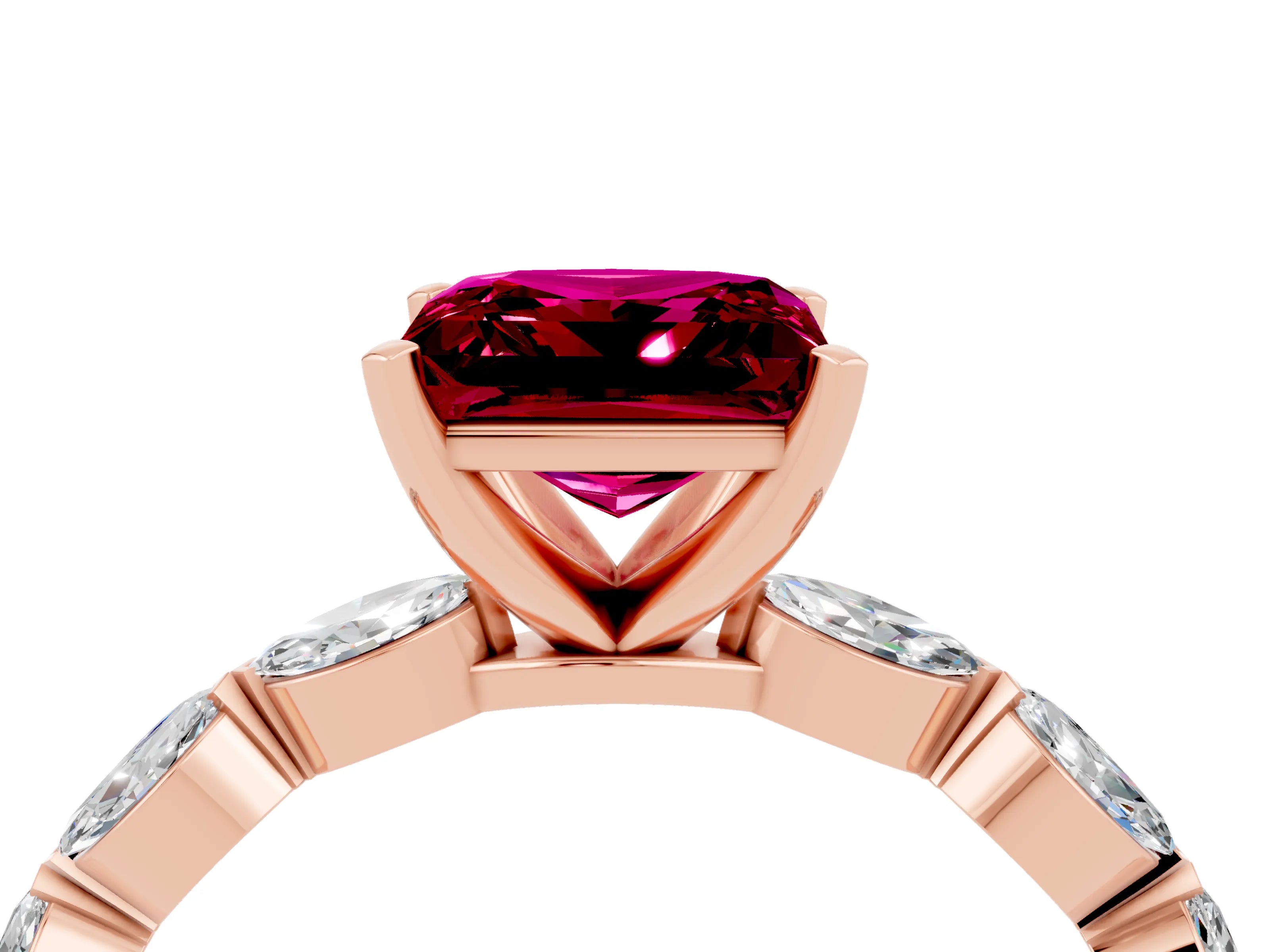 Rose gold Princess Cut Garnet Ring with Marquise Side Stones and Prong Setting_4