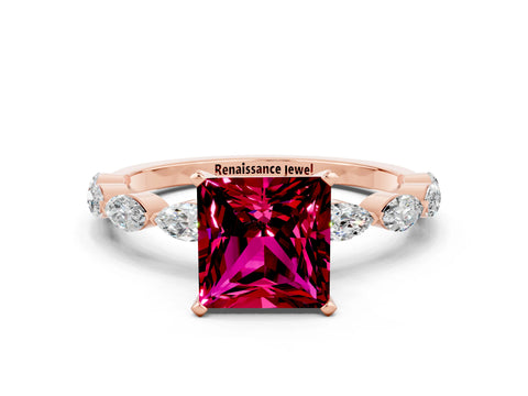Rose gold Princess Cut Garnet Ring with Marquise Side Stones and Prong Setting