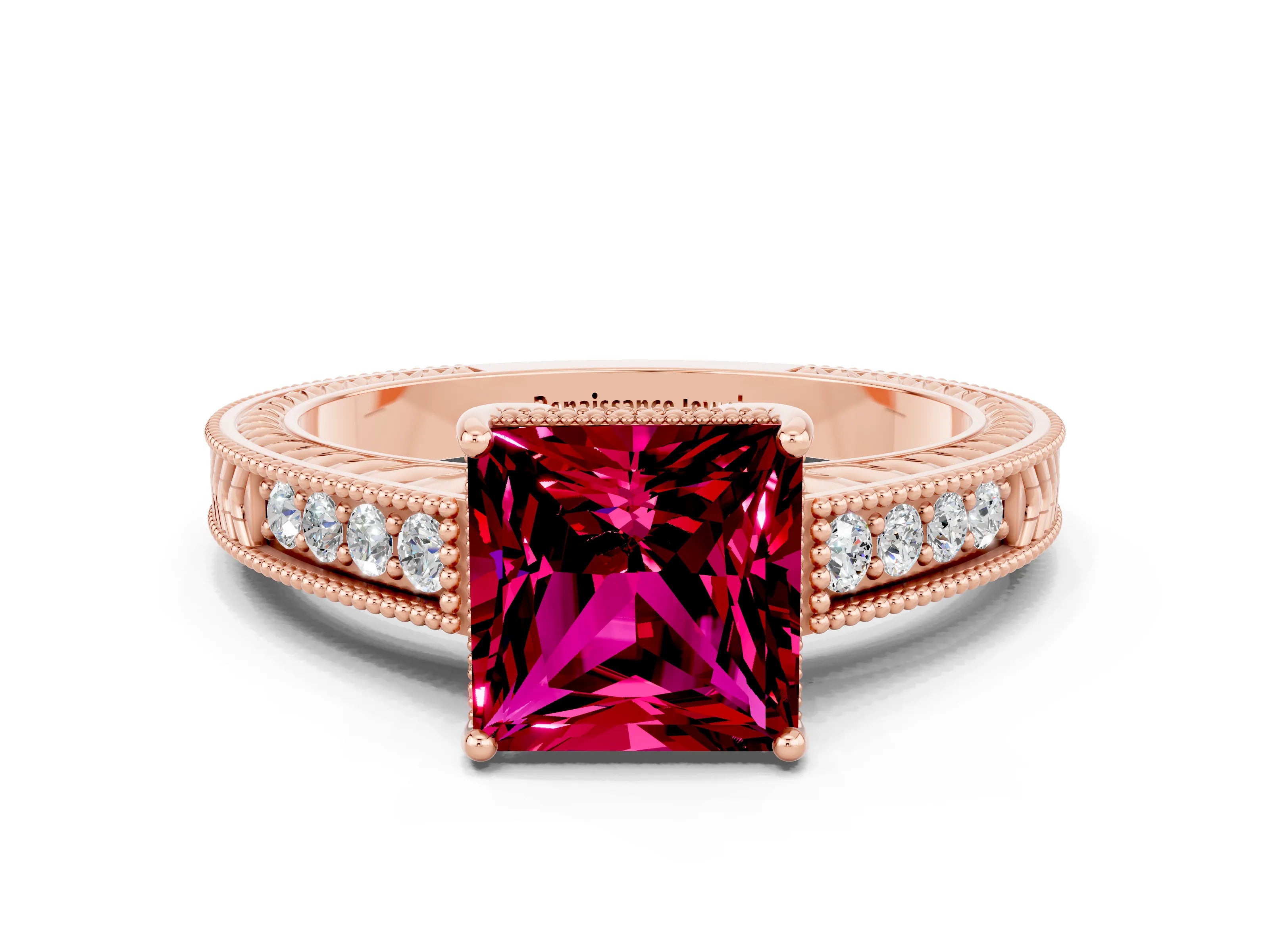 Rose gold Princess Cut Garnet Ring with Milgrain Pavé Band and Four-Prong Setting_12