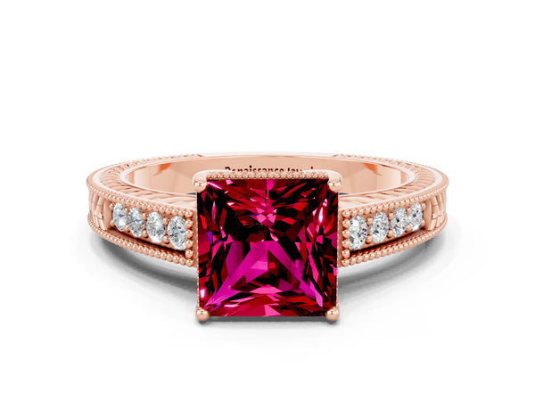 Rose gold Princess Cut Garnet Ring with Milgrain Pavé Band and Four-Prong Setting