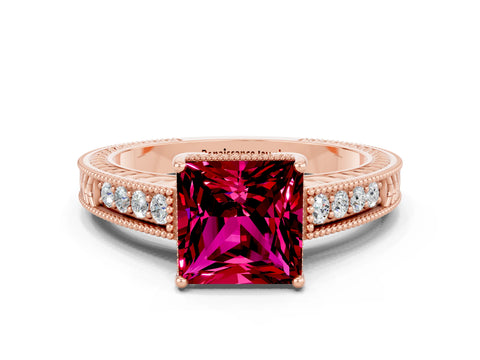 Rose gold Princess Cut Garnet Ring with Milgrain Pavé Band and Four-Prong Setting_12