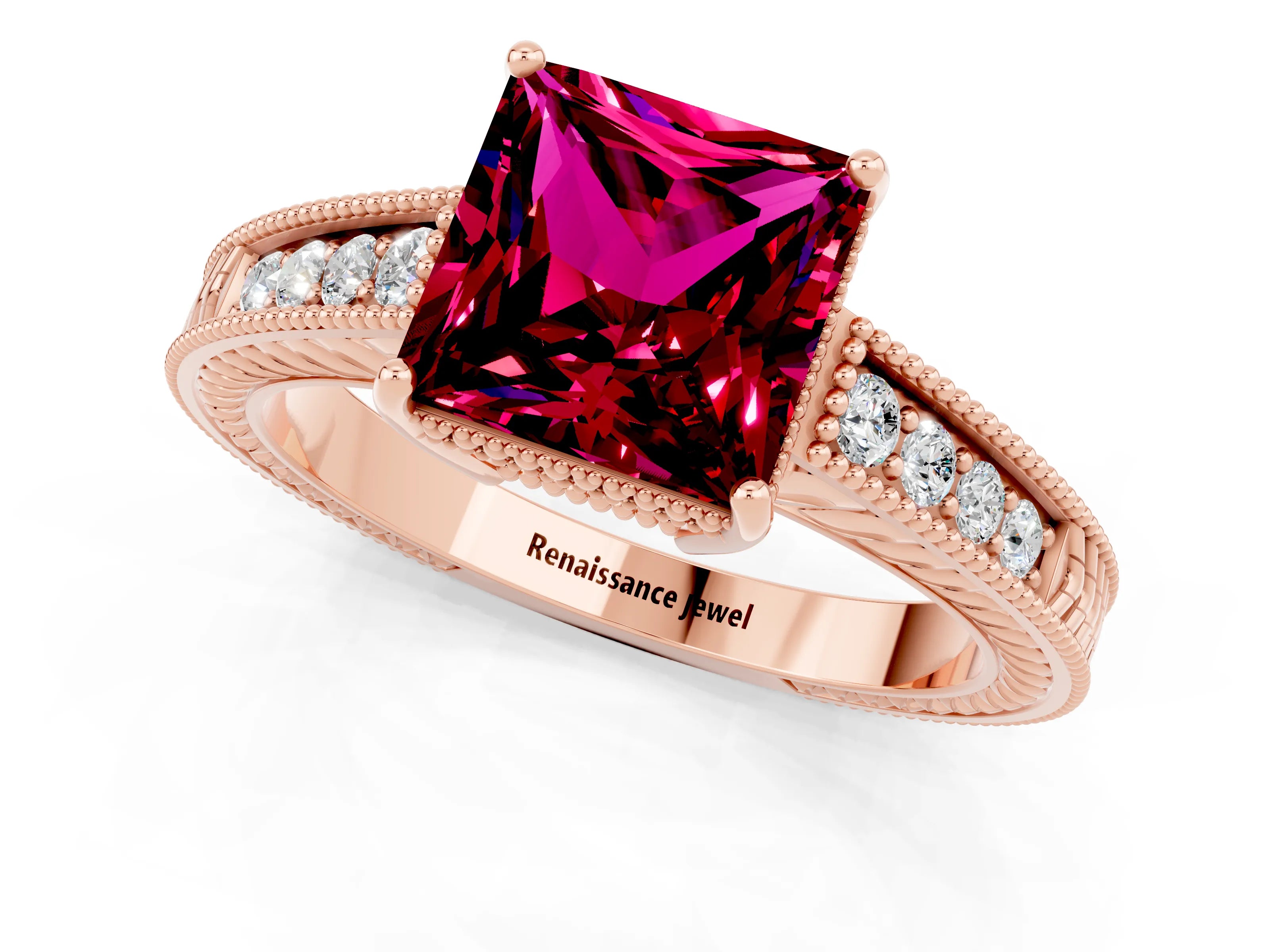Rose gold Princess Cut Garnet Ring with Milgrain Pavé Band and Four-Prong Setting_13