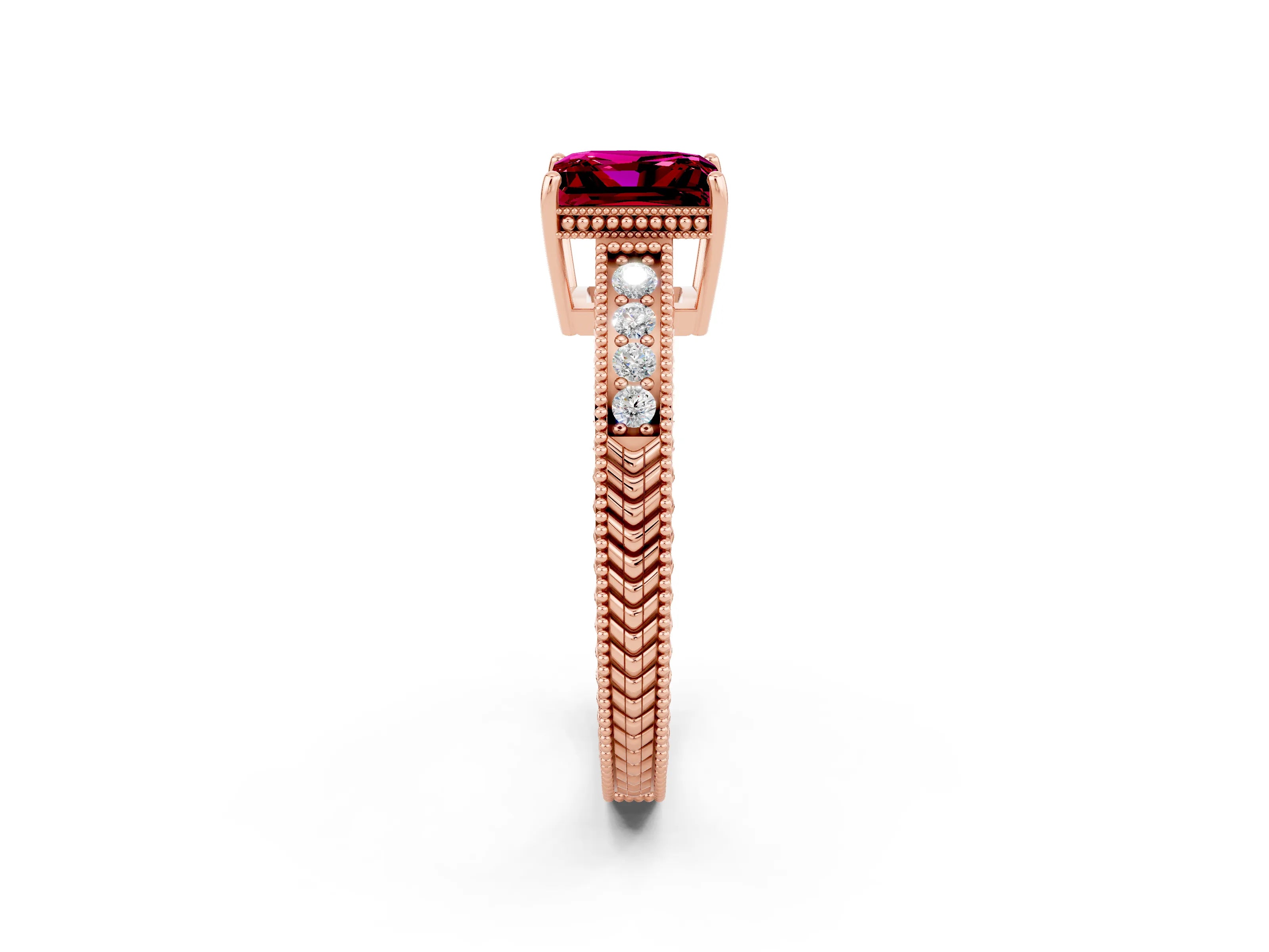 Rose gold Princess Cut Garnet Ring with Milgrain Pavé Band and Four-Prong Setting_14