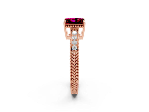 Rose gold Princess Cut Garnet Ring with Milgrain Pavé Band and Four-Prong Setting