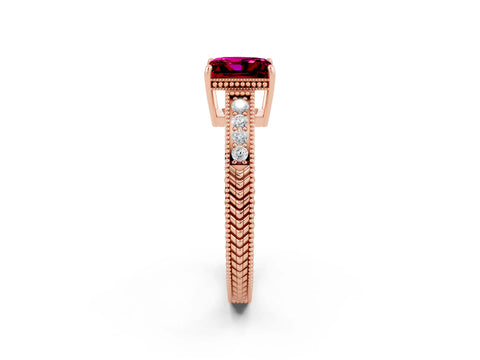Rose gold Princess Cut Garnet Ring with Milgrain Pavé Band and Four-Prong Setting_14