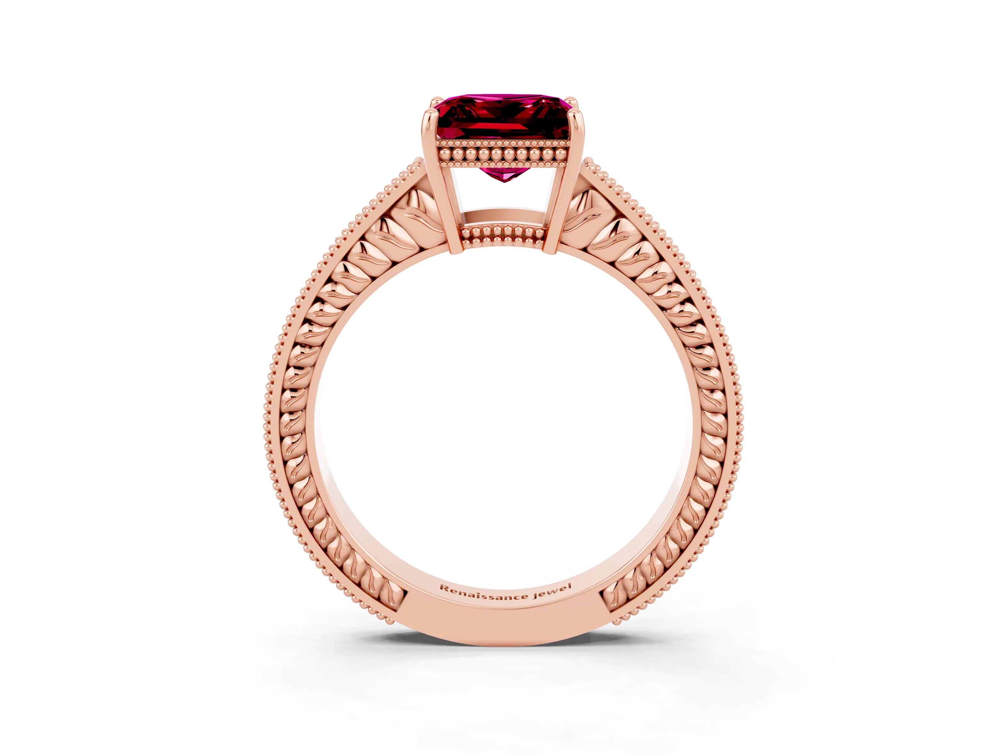 Rose gold Princess Cut Garnet Ring with Milgrain Pavé Band and Four-Prong Setting_15