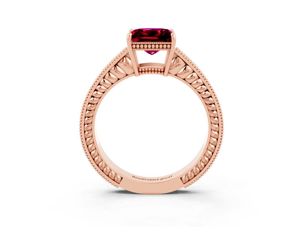 Rose gold Princess Cut Garnet Ring with Milgrain Pavé Band and Four-Prong Setting