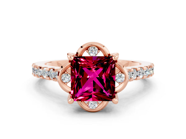 Rose gold Princess Cut Garnet Ring with Pavé Band and Floral Prong Setting
