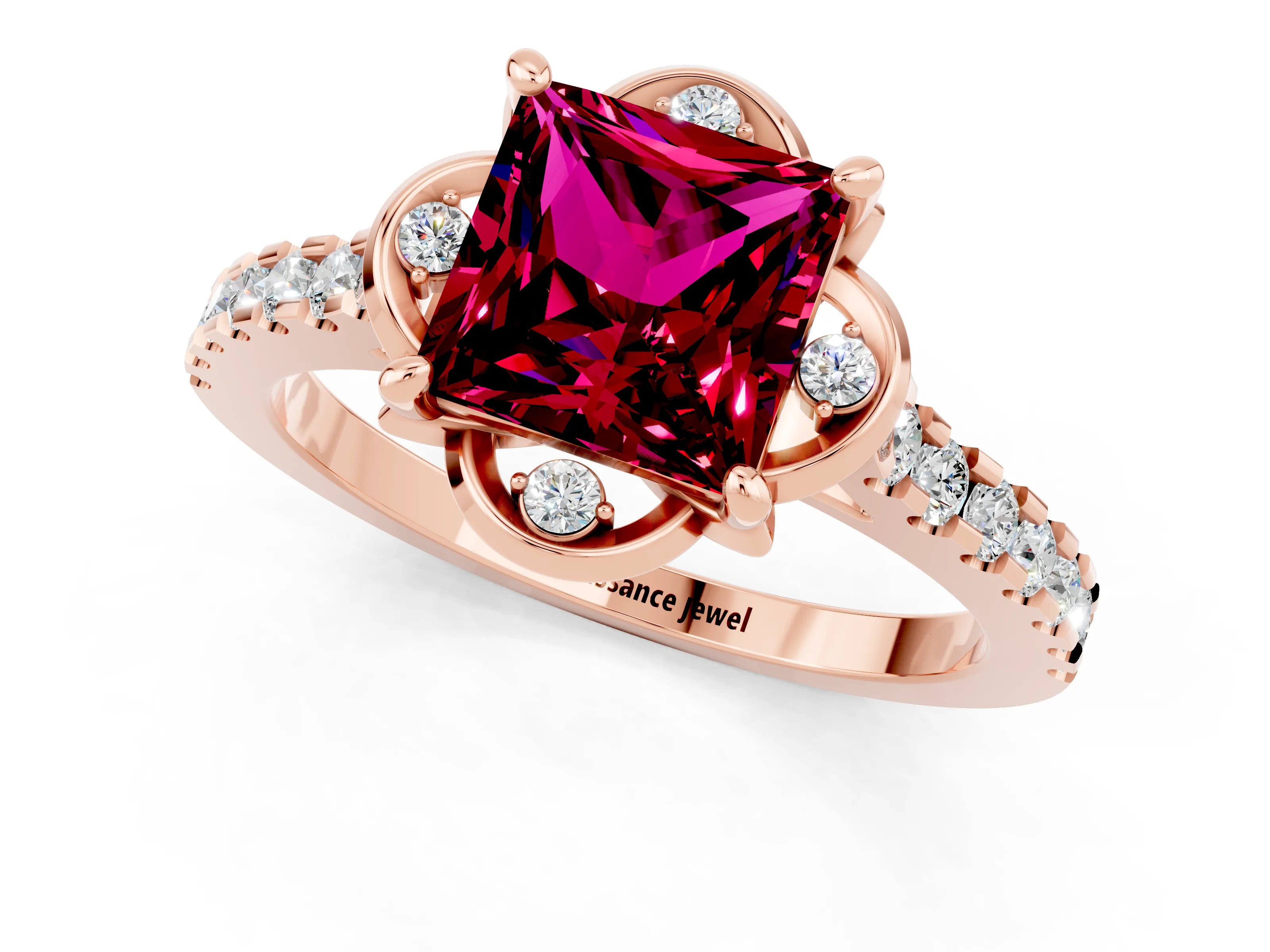 Rose gold Princess Cut Garnet Ring with Pavé Band and Floral Prong Setting_1