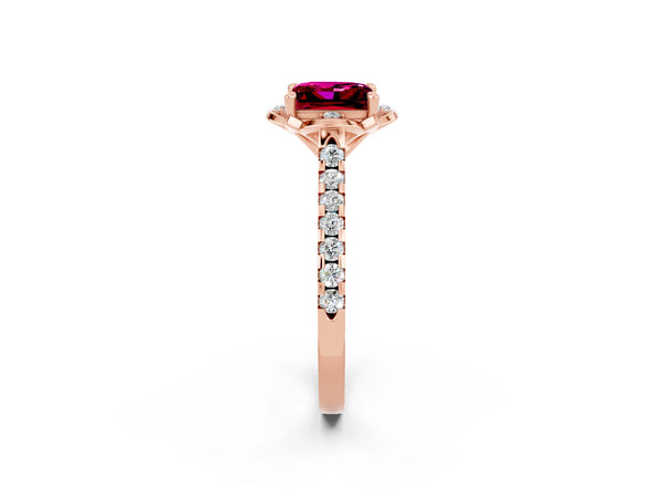 Rose gold Princess Cut Garnet Ring with Pavé Band and Floral Prong Setting
