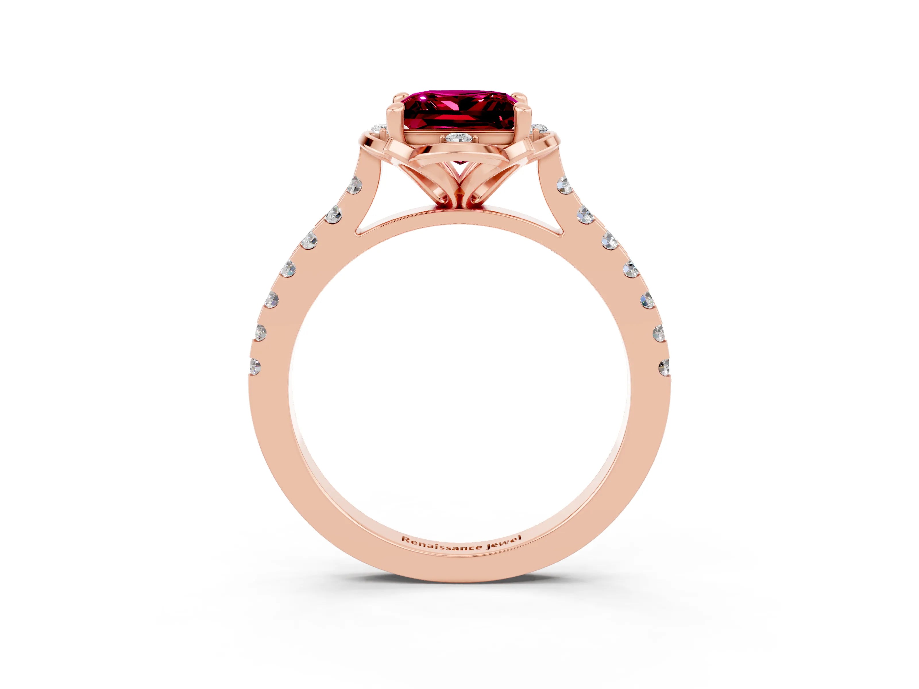 Rose gold Princess Cut Garnet Ring with Pavé Band and Floral Prong Setting_3