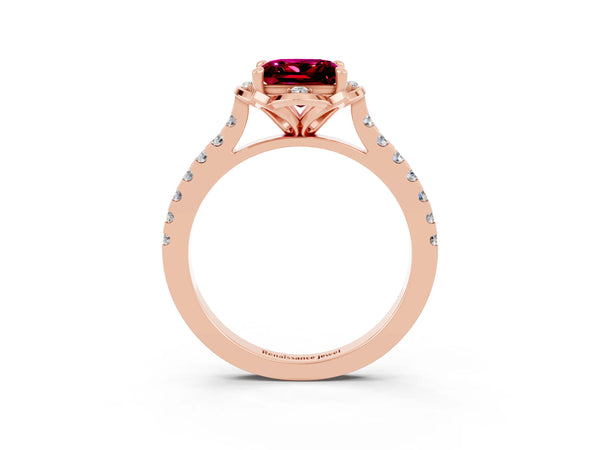 Rose gold Princess Cut Garnet Ring with Pavé Band and Floral Prong Setting