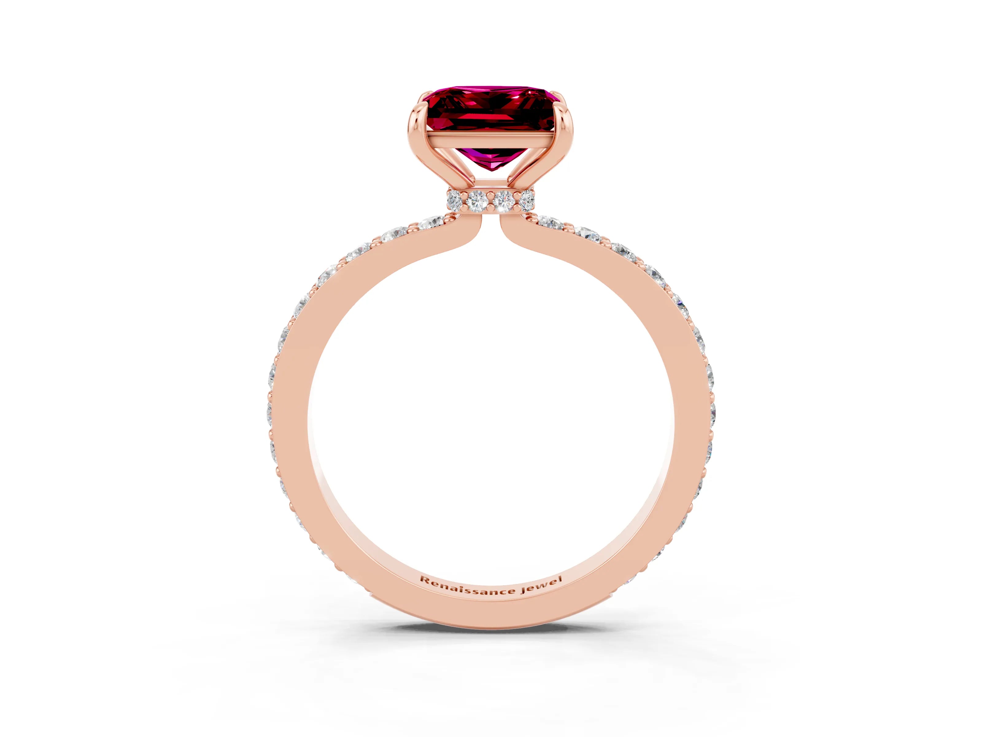 Rose gold Princess Cut Garnet Ring with Pavé Band and Four-Prong Setting_3