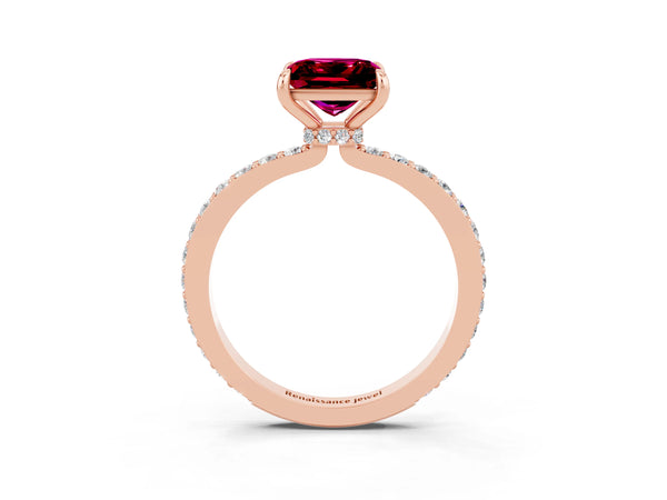 Rose gold Princess Cut Garnet Pavé Engagement Ring with Round  Accents and Prong Setting