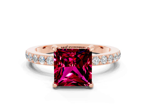 Rose gold Princess Cut Garnet Ring with Pavé Band and Four-Prong Setting