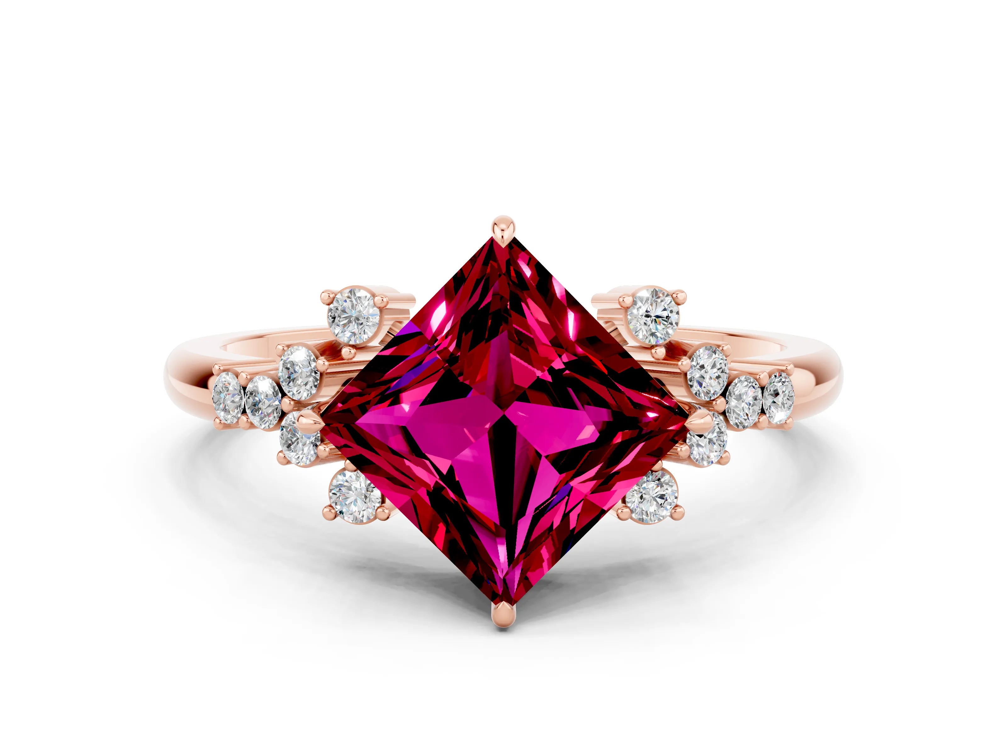Rose gold Princess Cut Garnet Ring with Side Stones and Four-Prong Setting_36